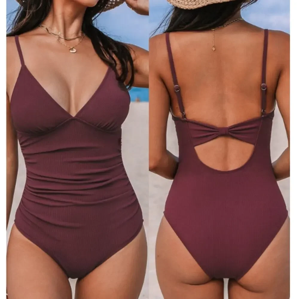 🌼NWT Cupshe Swimsuit Large One Piece Removable Cups Adj Straps Ribbed Burgandy - Picture 2 of 16